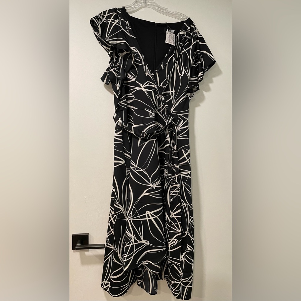 DKNY Black and White Wrap Dress with Ruffle Sleeves
